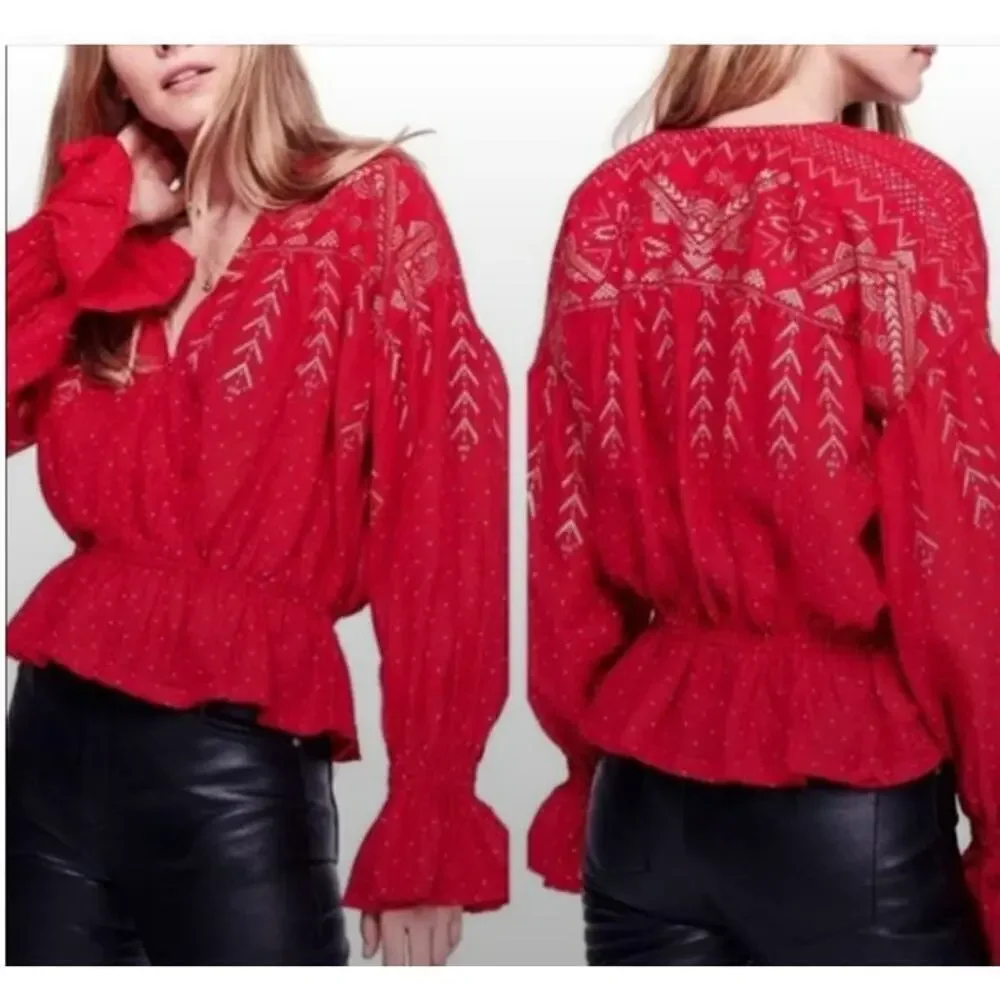 FREE PEOPLE Red Gold Metallic Counting Stars Peplum Shirt Top Small Cotton